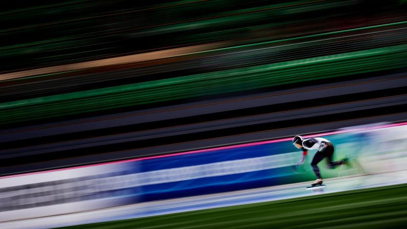 In this photo, taken with a slow shutter speed, Japanese speedskater Nao Kodaira competes at a World Cup event in Hamar, Norway, on Saturday, February 2. She finished second in the 1,000 meters. Earlier in the day, she won the 500.