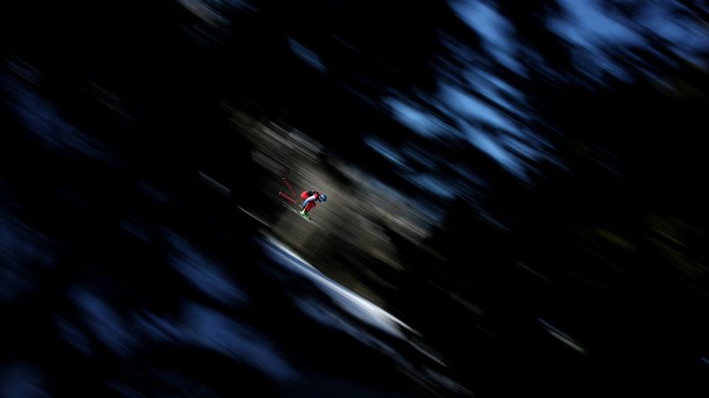 In this photo, taken with a slow shutter speed, Switzerland's Fanny Smith competes in a ski-cross race at the World Championships on Friday, February 1. She later won a silver medal.