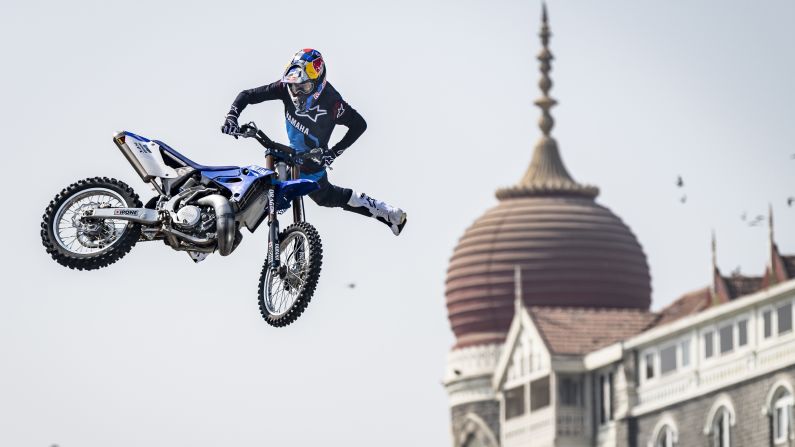 Tom Pages performs a stunt in Mumbai, India, during the Red Bull FMX Jam on Saturday, February 2.