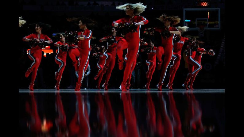 The New Orleans Pelicans cheerleaders perform during the first half of an NBA basketball game on Wednesday, January 30.