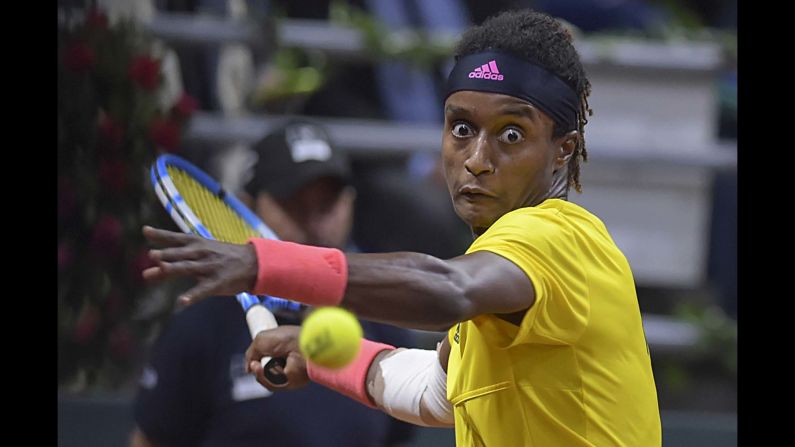 Sweden's Mikael Ymer hits a shot during Davis Cup qualifiers in Bogota, Colombia, on Friday, February 1.