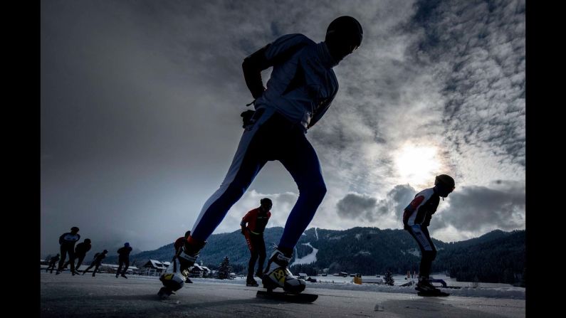 Dutch ice skaters participate in a 200-kilometer (124-mile) marathon on Lake Weissensee, in the Austrian Alps, on Thursday, January 31.