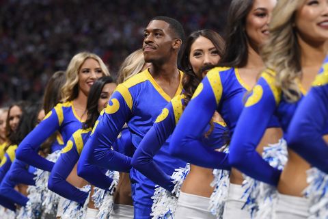 Rams cheerleader Quinton Peron looks on during Super Bowl LIII. This is the first Super Bowl <a href="https://www.cnn.com/2019/02/02/opinions/super-bowl-male-cheerleaders-debut-roxanne-jones/index.html" target="_blank">to feature male cheerleaders. </a>