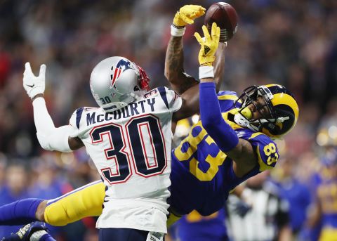 McCourty breaks up a pass intended for Josh Reynolds in the second quarter. The Patriots had a 3-0 lead at halftime.