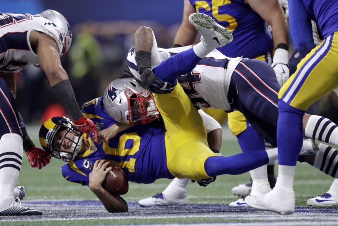 New England linebacker Dont'a Hightower sacks Jared Goff during the first half of the Super Bowl on Sunday, February 3. Hightower had two of the Patriots' four sacks as they shut down the Rams' high-powered offense.