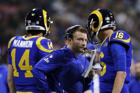 McVay talks to Goff in the second half.