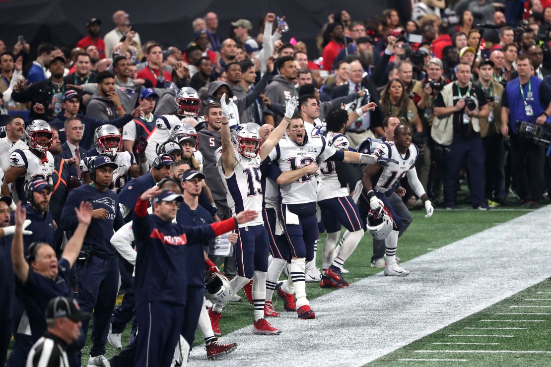The New England Patriots celebrate a missed field goal late in the fourth quarter during Super Bowl LIII 
