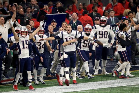 The New England Patriots celebrate after the Los Angeles Rams missed a late field goal in Super Bowl LIII. The miss virtually assured the Patriots' victory.