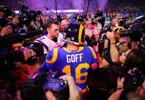 Brady and Rams quarterback Jared Goff greet each other after the final whistle.