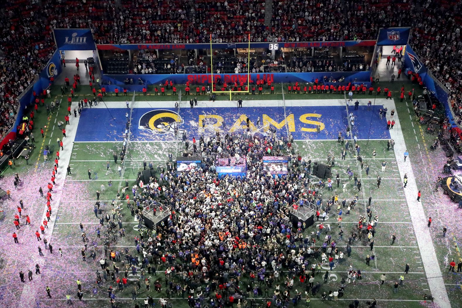 An overhead view of the postgame celebrations. The game was played at Mercedes-Benz Stadium in Atlanta.