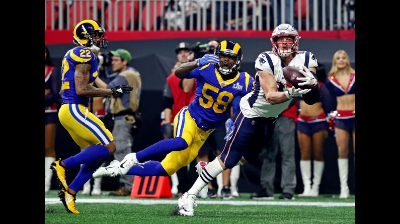 New England tight end Rob Gronkowski catches a 29-yard pass that set up the only touchdown of the Super Bowl on Sunday, February 3. Sony Michel ran it in from two yards on the very next play.
