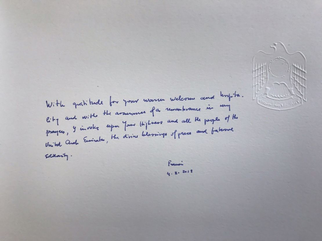 Pope Francis' message in the palace's Book of Honor.
