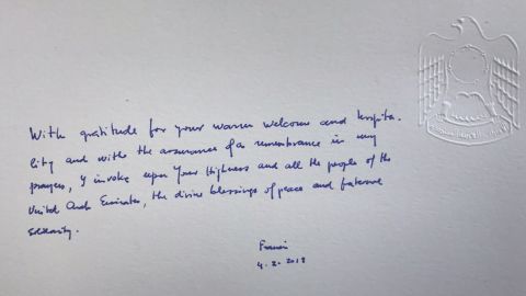Pope Francis' message in the palace's Book of Honor.