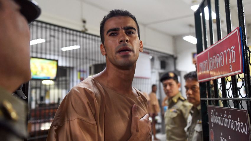 Hakeem al-Araibi, a Bahraini refugee and Australian resident, is escorted to a courtroom in Bangkok on February 4, 2019. - Hakeem al-Araibi, who was detained by Thai immigration authorities in late November 2018 after arriving in Bangkok for a vacation with his wife, fears torture and even death if he is returned to his homeland. (Photo by Lillian SUWANRUMPHA / AFP)        (Photo credit should read LILLIAN SUWANRUMPHA/AFP/Getty Images)