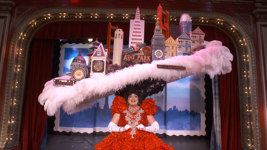 Tammy Nelson has been a "Beach Blanket Babylon" cast member for 25 years. Her San Francisco skyline hat is impressive in both size and scope.