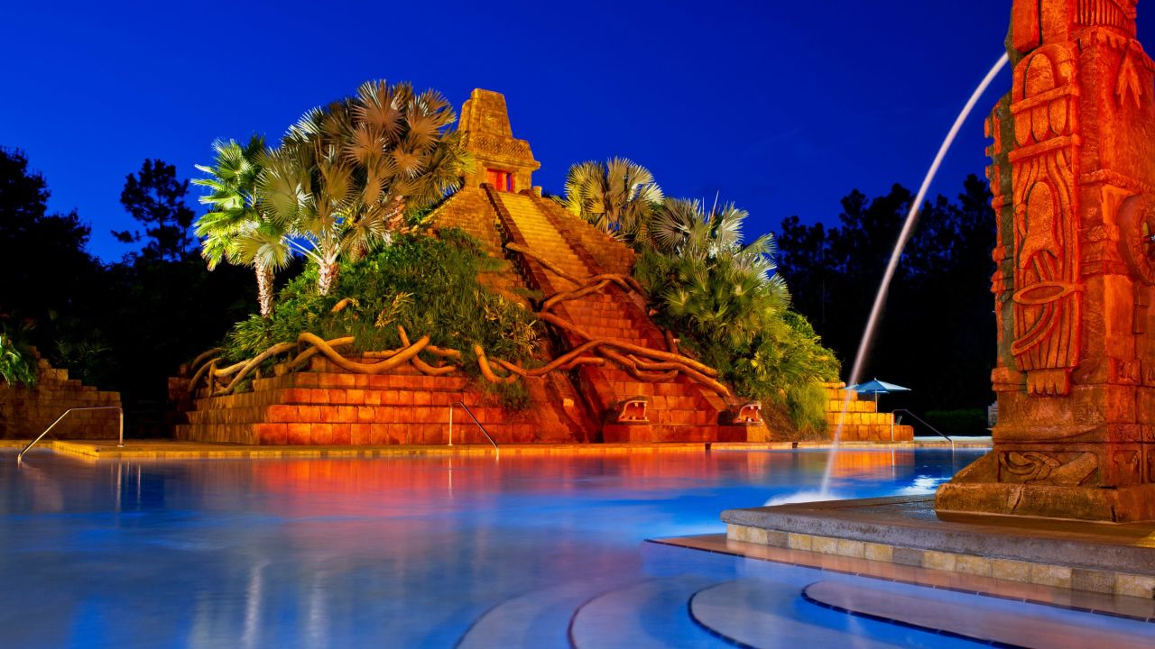<strong>#3, Coronado Springs Resort:</strong> If the 123-foot water slide isn't your speed, relax at the base of the 50-foot pyramid modeled after Mayan ruins or in the largest hot tub on Disney property, with room for 22 weary travelers. 