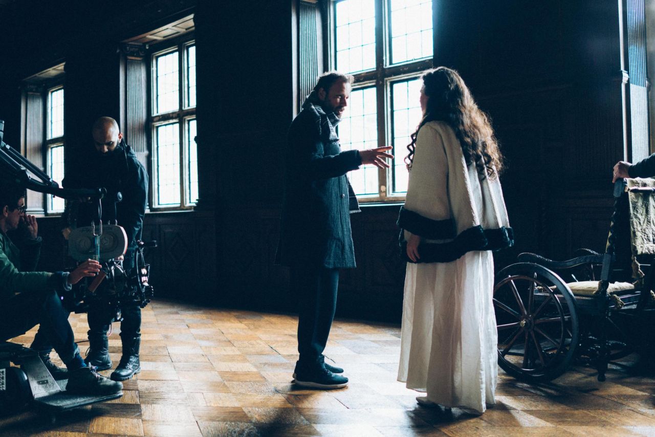 Director Yorgos Lanthimos and Olivia Colman on the set of "The Favourite" 