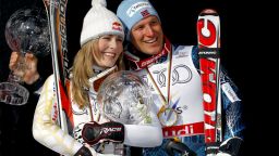 ARE, SWEDEN - MARCH 14:  (FRANCE OUT) Lindsey Vonn of Usa  takes the Overall Globe, Aksel Lund Svindal  takes  the Overall Globe during the Alpine FIS Ski World Cup. Women's and Men's Overall Podium on March 14, 2009 in Are, Sweden.   (Photo by Agence Zoom/Getty Images)