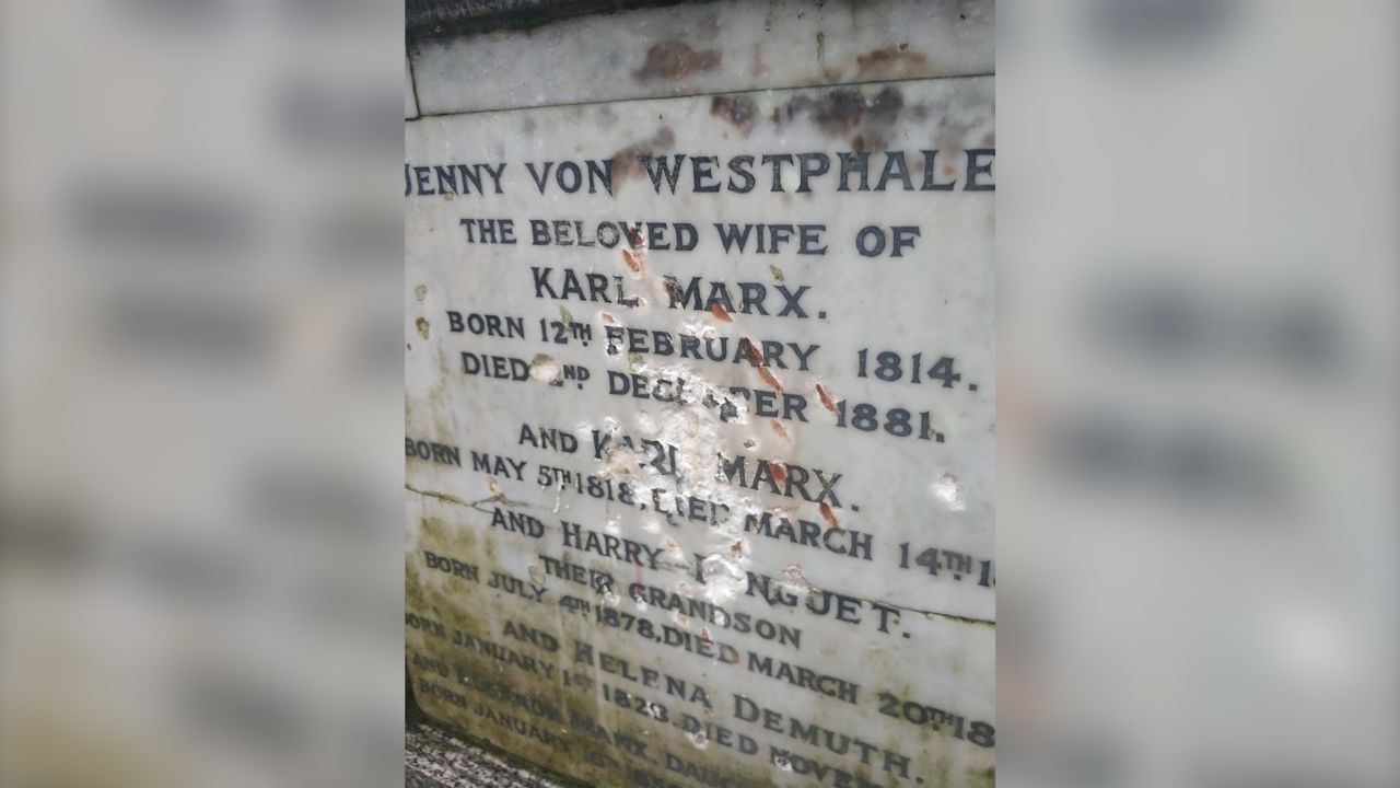 The damage done to Karl Marx's tomb in Highgate Cemetery, London