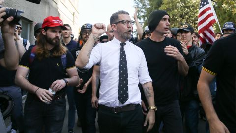 Right-wing provocateur Gavin McInnes pumps his fist during a rally  in Berkeley, California. 