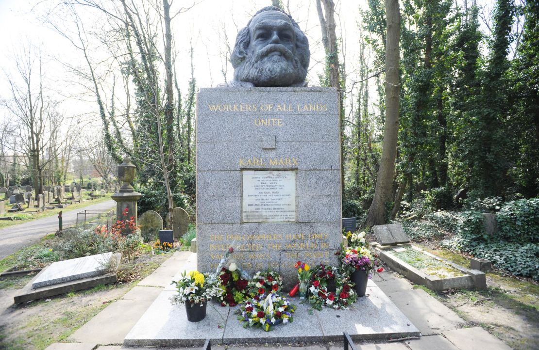 Karl Marx's gravestone in Highgate Cemetery in London