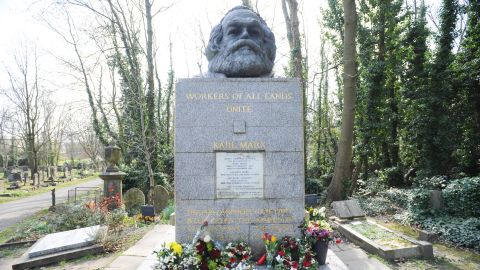 Karl Marx's gravestone in Highgate Cemetery in London