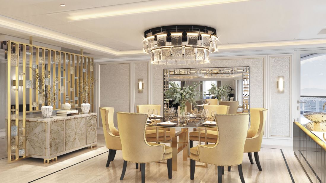 <strong>Dining in style: </strong>In the personal dining room space, you can entertain guests and enjoy a one-to-one serving experience. The space is kitted out with Italian marble and gold chandeliers.