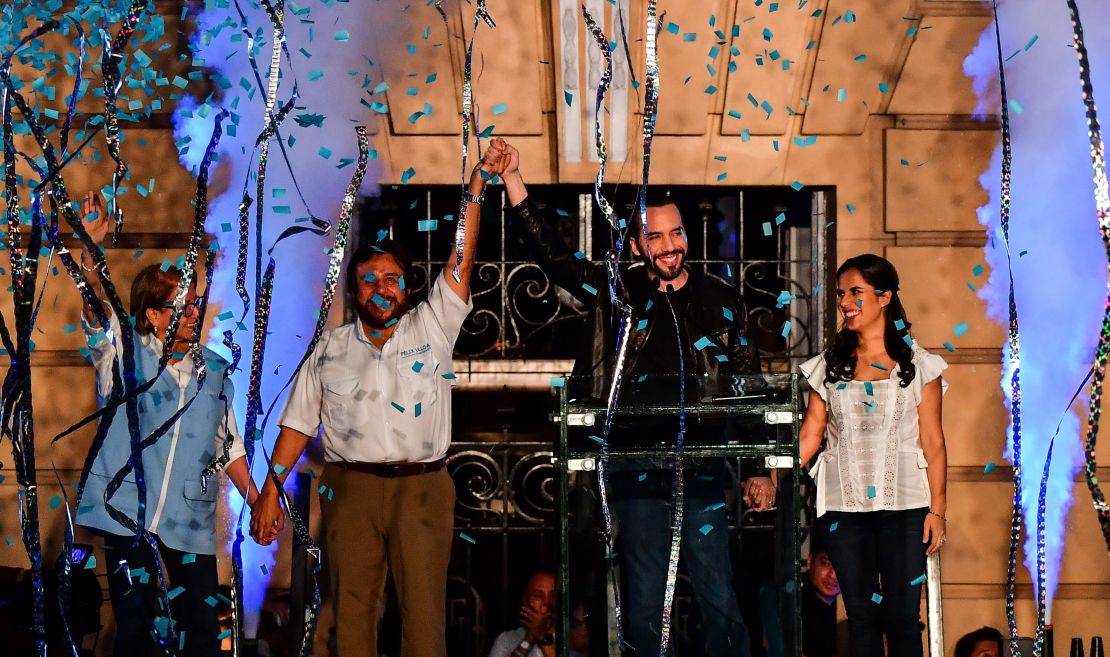 Bukele, his wife Gabriela Rodriguez, and vice president Felix Ulloa celebrate after winning the presidential elections.