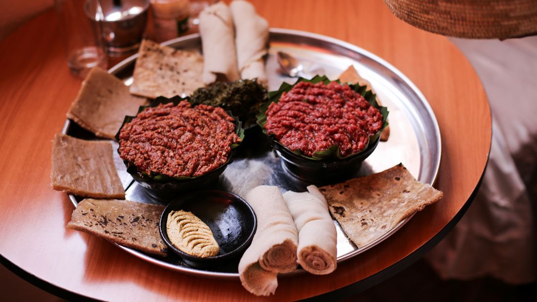 <strong>Kitfo:</strong> Made from the leanest meat, kitfo is similar to French steak tartare. The meat is minced and warmed in a pan with a little butter, the spice blend mitmita and sometimes thyme. 