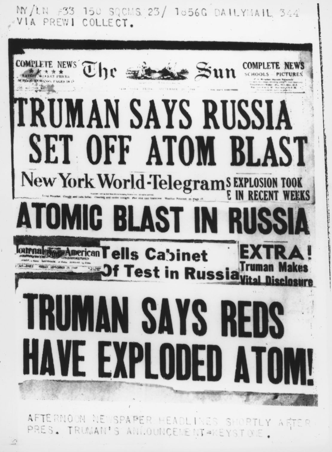 A selection of US newspaper headlines on President Truman's announcement that Soviet Union had conducted its first nuclear weapon test, September 24, 1949.