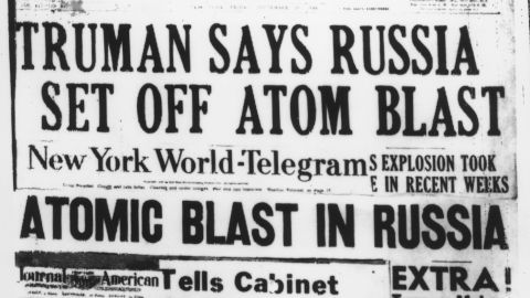 A selection of US newspaper headlines on President Truman's announcement that Soviet Union had conducted its first nuclear weapon test, September 24, 1949.