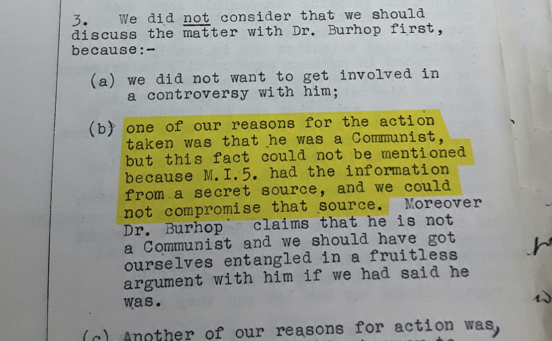 A top-secret British government file on Eric Burhop, recording information from MI5 which said he was a secret Communist. Original image altered for clarity.