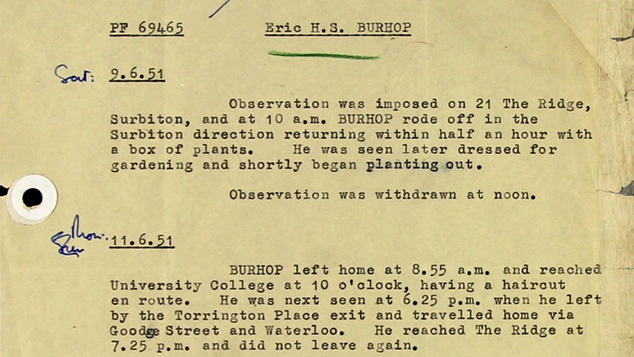 An image showing observations of Eric Burhop while he was under surveillance by MI5 and Special Branch in 1951. 