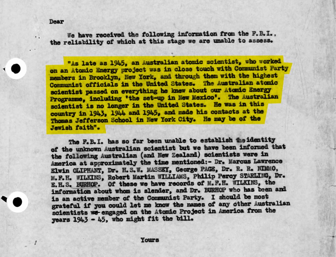 A top-secret British file on Eric Burhop referencing a cable from the FBI on an Australian spy within the Manhattan Project. Original image altered for clarity. 