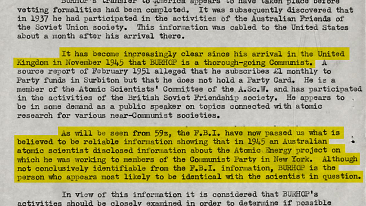A top-secret British government file on Eric Burhop identifying him as the likely Australian Communist spy within the Manhattan Project. Original image altered for clarity. 