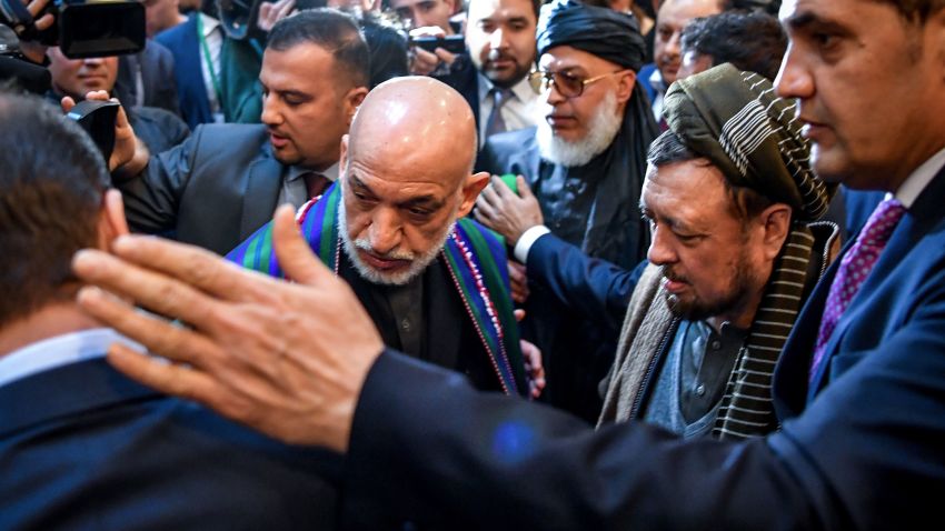 Former Afghan president Hamid Karzai arrives for the opening of the two-day talks of the Taliban and Afghan opposition representatives at the President Hotel in Moscow on February 5, 2019. (Photo by Yuri KADOBNOV / AFP)        (Photo credit should read YURI KADOBNOV/AFP/Getty Images)