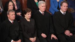 WASHINGTON, DC - FEBRUARY 05:  Supreme Court Justices John Roberts, Elena Kagan, Neil Gorsuch, and Brett Kavanaugh look on as President Donald Trump delivers the State of the Union address in the chamber of the U.S. House of Representatives on February 5, 2019 in Washington, DC. President Trump's second State of the Union address was postponed one week due to the partial government shutdown.  (Photo by Alex Wong/Getty Images)