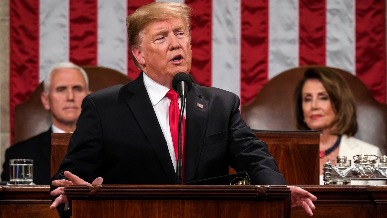 WASHINGTON, DC - FEBRUARY 5: U.S. President Donald Trump, with Speaker Nancy Pelosi and Vice President Mike Pence looking on, delivers the State of the Union address in the chamber of the U.S. House of Representatives at the U.S. Capitol Building on February 5, 2019 in Washington, DC. President Trump's second State of the Union address was postponed one week due to the partial government shutdown. (Photo by Doug Mills-Pool/Getty Images)