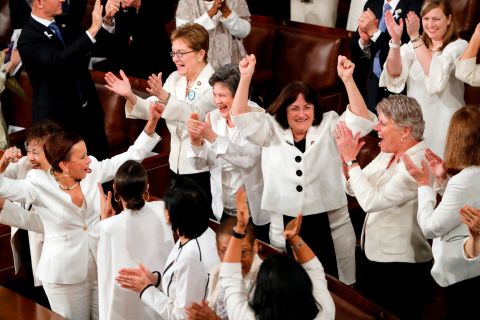 A group of Democratic women, dressed in all white, stands to cheer during a portion of Trump's speech. Trump was discussing women in the workforce when <a href="https://www.cnn.com/politics/live-news/state-of-the-union-2019/h_4e680e5b1a294458eaa78e48699aff82" target="_blank">the moment</a> happened. "No one has benefited more from a thriving economy than women who have filled 58% of the newly created jobs last year," Trump said. After the Democrats stood up, Trump joked: "You weren't supposed to do that. Thank you very much." The House Democratic Women's Working Group had invited female members of both parties to wear white<a href="https://www.cnn.com/politics/live-news/state-of-the-union-2019/h_478ac94322e9c1323a7b902ba3b5e0a2" target="_blank"> as a symbol of solidarity.</a>