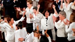 Women members of Congress cheer after President Donald Trump acknowledges more women in Congress during his State of the Union address to a joint session of Congress on Capitol Hill in Washington, Tuesday, Feb. 5, 2019. (AP Photo/J. Scott Applewhite)
