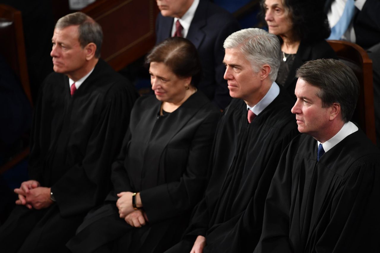Supreme Court justices attend the speech. From left are Chief Justice John Roberts, Elena Kagan, Neil Gorsuch and Brett Kavanaugh. Gorsuch and Kavanaugh were nominated by Trump.