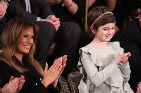 First lady Melania Trump applauds with 10-year-old cancer survivor Grace Eline as <a href="https://www.cnn.com/politics/live-news/state-of-the-union-2019/h_44ad15175e206bbae81d5b6bb9d47ac2" target="_blank">Trump mentions Grace</a> during his speech. Grace was 9 when she was diagnosed with germinoma, a type of brain cancer. "At the same time, she rallied her community and raised more than $40,000 for the fight against cancer," Trump said. The White House said Grace recently finished chemotherapy and today shows no evidence of the disease.