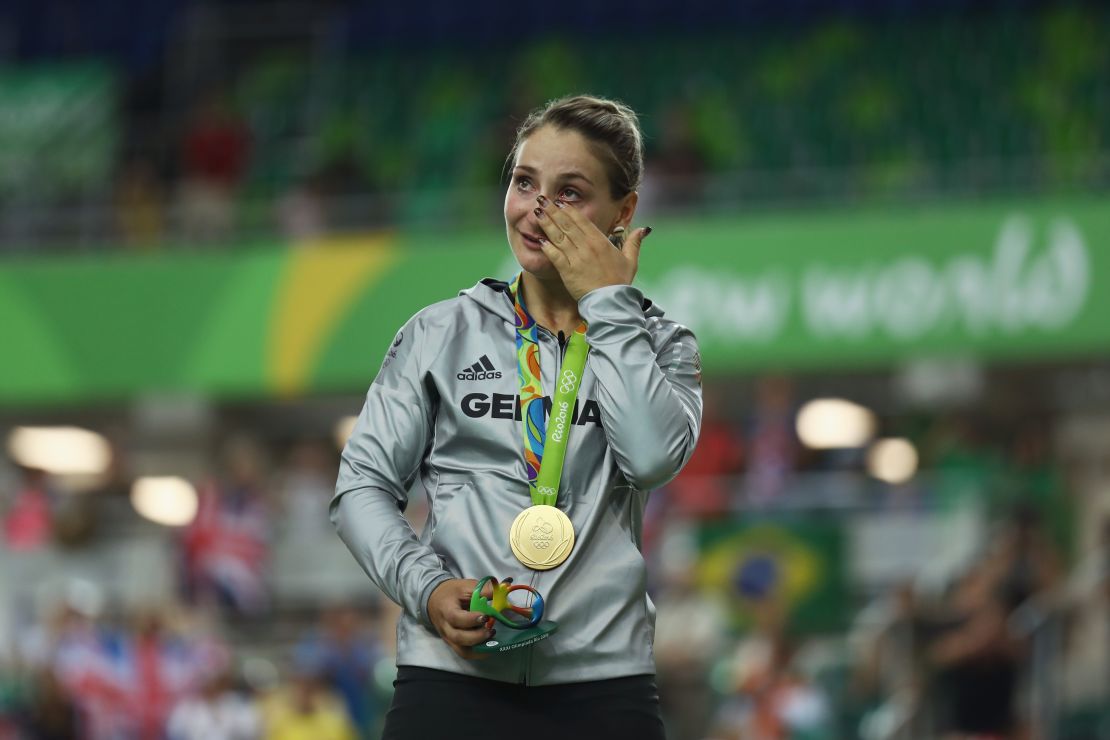 Vogel sheds a tear during her gold medal ceremony at the Rio Olympics in 2016. 