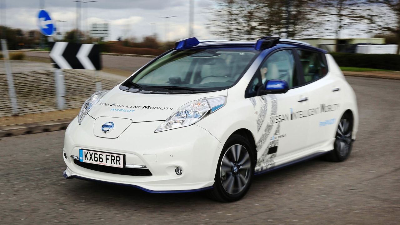 A prototype Nissan Leaf driverless car on a demonstration in London.