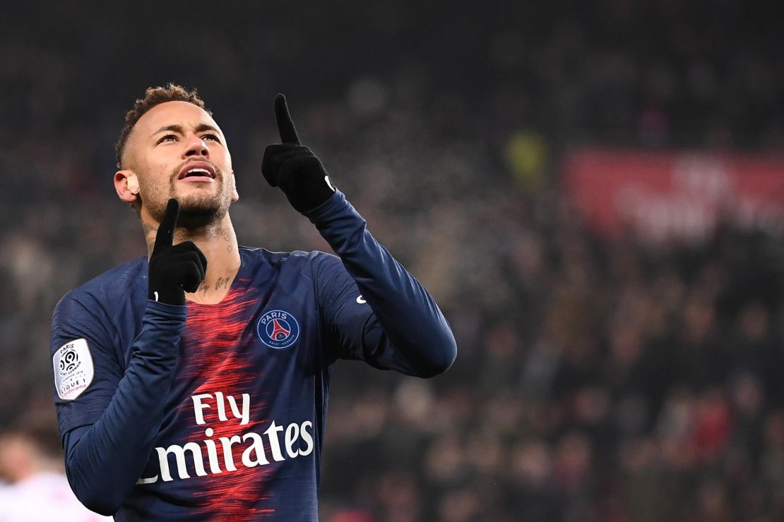 Neymar celebrates after scoring a goal for PSG.