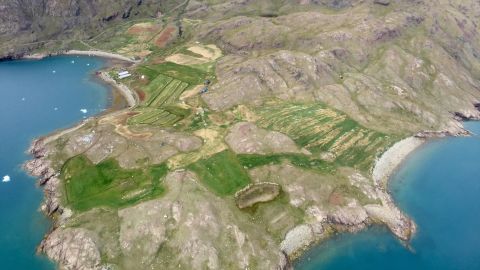 An aerial view of a farm in southern Greenland, as seen from a helicopter.
