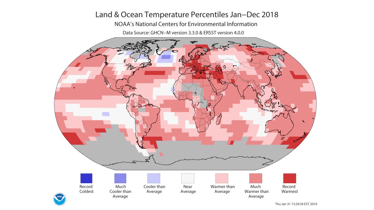 Global average temperature anomaly for 2018, from NOAA. Warmer colors indicate temperatures above average, while cooler colors indicate below average temperatures. 