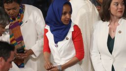 WASHINGTON, DC - FEBRUARY 05:  Rep. Ilhan Omar (D-MN) looks on ahead of the State of the Union address in the chamber of the U.S. House of Representatives at the U.S. Capitol Building on February 5, 2019 in Washington, DC. A group of female Democratic lawmakers chose to wear white to the speech in solidarity with women and a nod to the suffragette movement.  (Photo by Win McNamee/Getty Images)