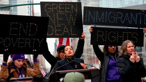 "Green New Deal" has become a rallying cry for many, including Alexandria Ocasio-Cortez, here at a 2019 Women's March rally.