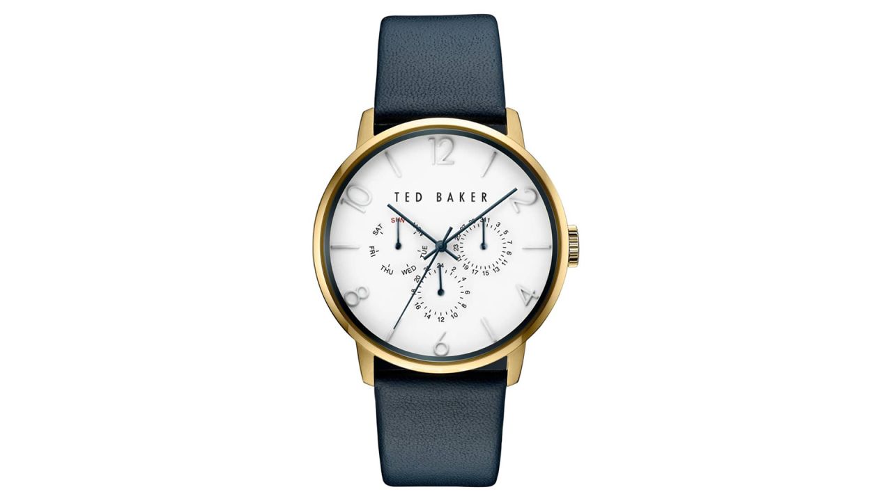 <strong>Ted Baker Leather Strap Watch ($165; </strong><a href="https://click.linksynergy.com/deeplink?id=Fr/49/7rhGg&mid=1237&u1=0219vdaygiftguide&murl=https%3A%2F%2Fshop.nordstrom.com%2Fs%2Fted-baker-london-multifunction-leather-strap-watch-42mm%2F5099738%3Forigin%3Dcategory-personalizedsort%26breadcrumb%3DHome%252FMen%252FAccessories%252FWatches%26color%3Dwhite%252F%2520blue" target="_blank" target="_blank"><strong>nordstrom.com</strong></a><strong>)</strong>